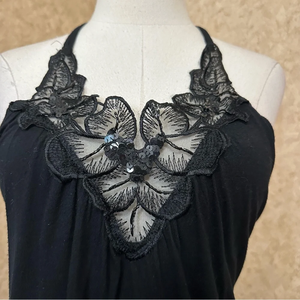 VTG Y2K 2000s RAVE Black Floral Beaded Sequin Split Front Halter Tank Top - Picture 2 of 8